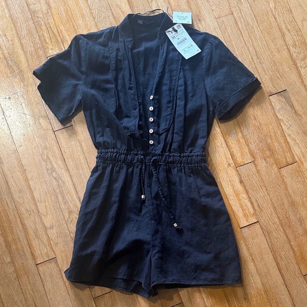Zara Black Short Sleeve Button-Front Romper